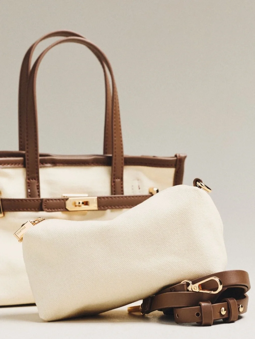 Anthropologie Faux Leather Chocolate Belted Canvas Mini Birkin Style Tote Bag - Picture 3 of 5